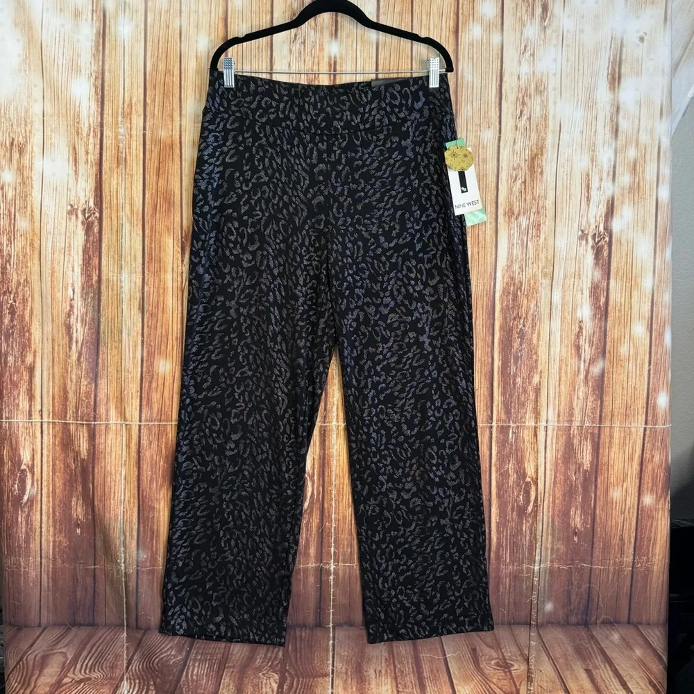 Nine West Black Silver Leopard Print Wide Leg Elegant Pants Women’s Size PL